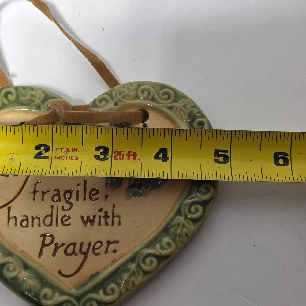 Ceramic Heart Wall Plaque Butterfly Life is Fragile Handle with Prayer Green